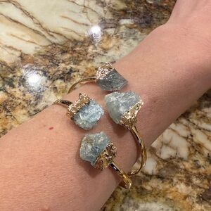 Aquamarine and gold metal adjustable cuff bracelet